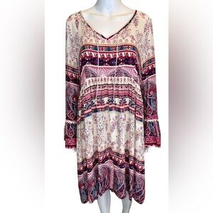 Boho Paisley Long-Sleeve Maxi Dress Bell Sleeve Festival Hippie Peasant Medium